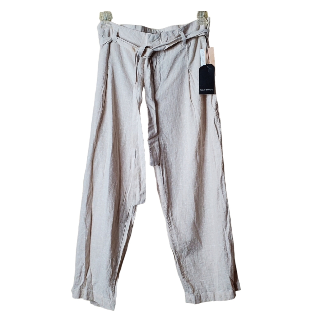 Harve Benard 14 Linen Rayon Cropped Pants Beige White Striped w/ Belt NW…